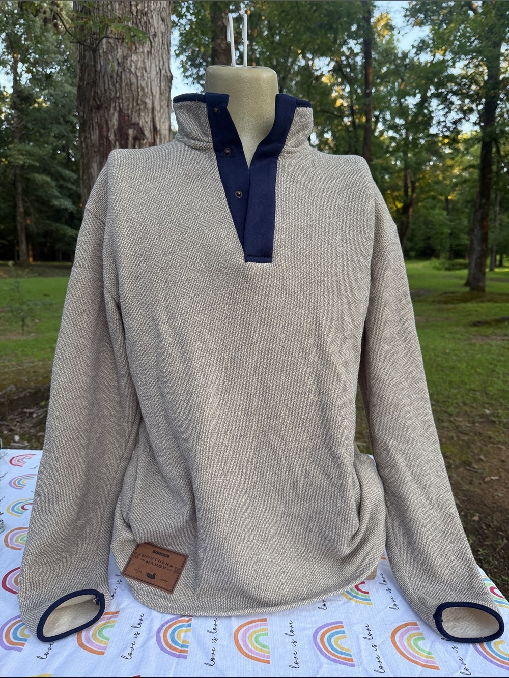 Southern Marsh Beige Herringbone Zip Pullover with Navy Trim